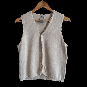 Vintage 90s Linen Hemp Knit Sweater Vest I.V.Y. Scallop Trim Neutral Boho M